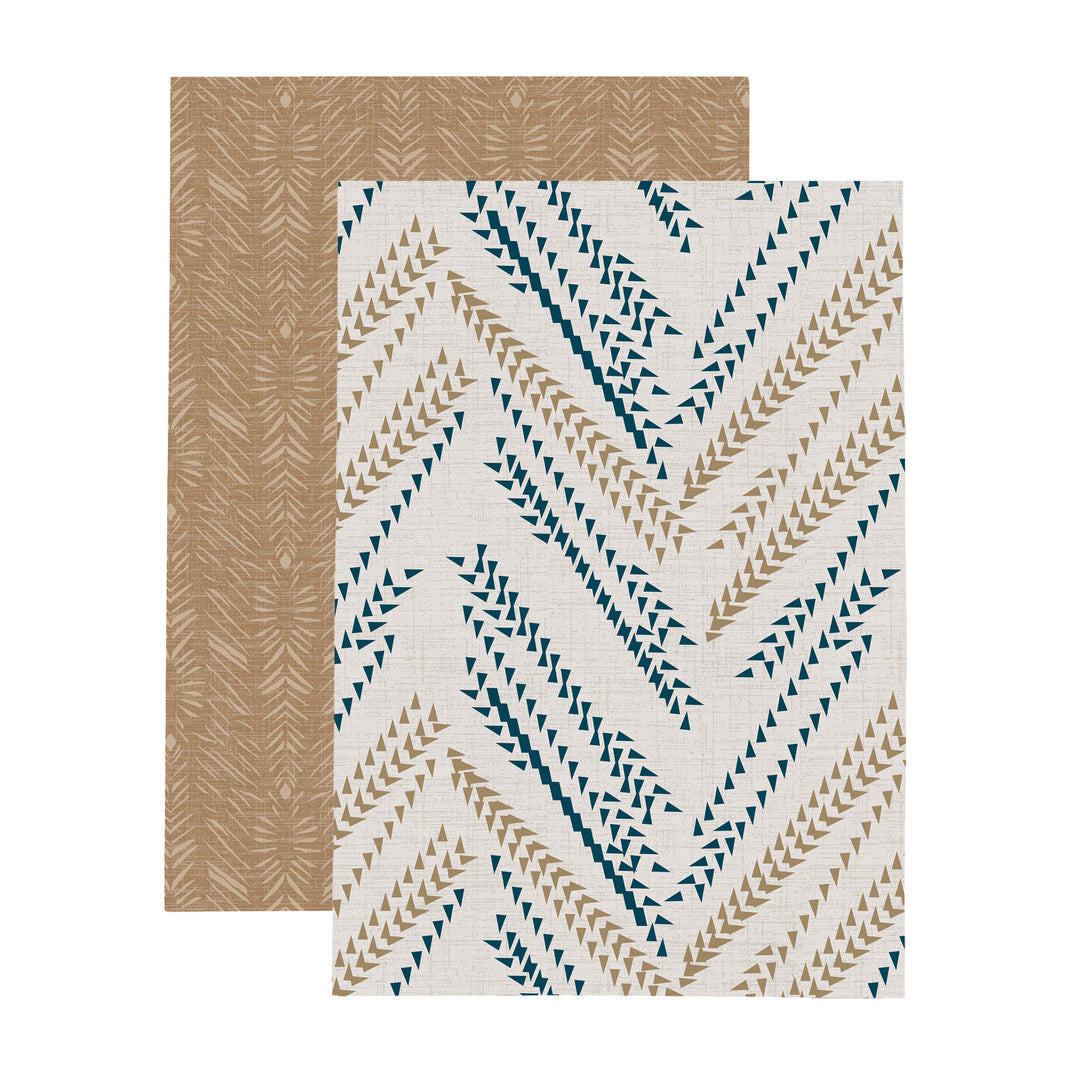 Kapala and Hulu Hawaiian tea towel set in teal and tan, with stamped geometric and feather-lei patterns