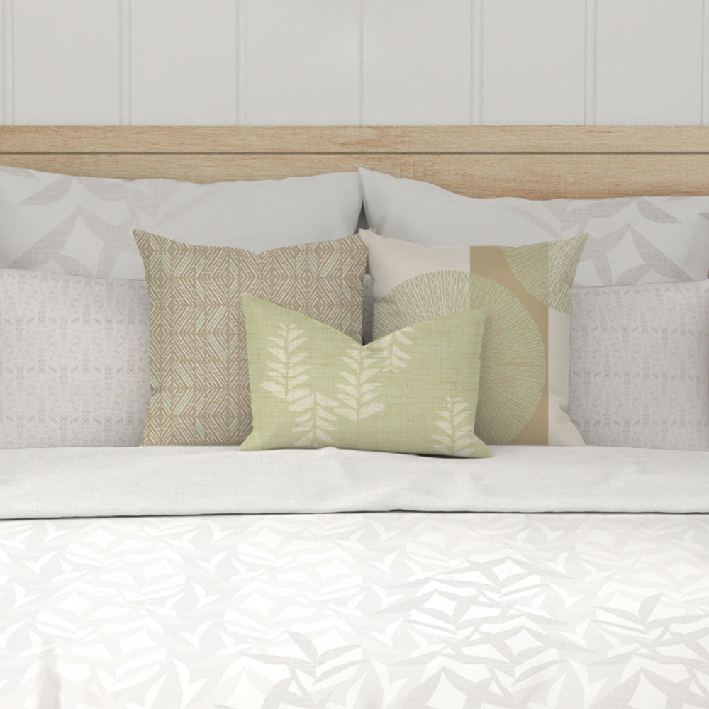 Closeup of the Lele Comforter And Taupe and Mint Decor Pillows