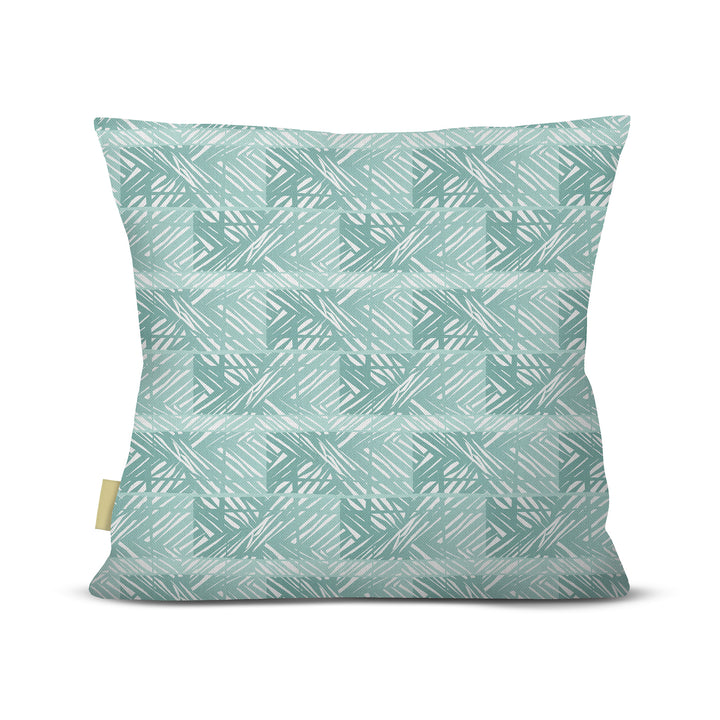 back view of Moena square pillow in teal on white background
