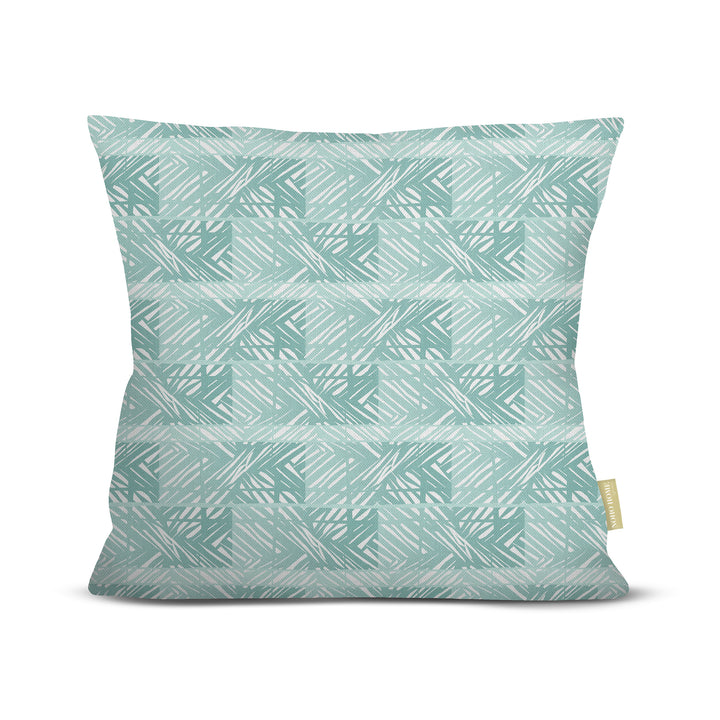 front view of Moena square pillow in teal on white background