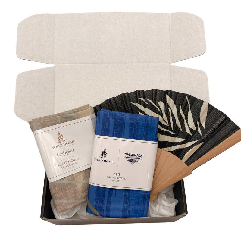 Beach Bundle with Taniokas towel, Kilo Hoku Travel Wrap and Black Kanu Handheld fan.