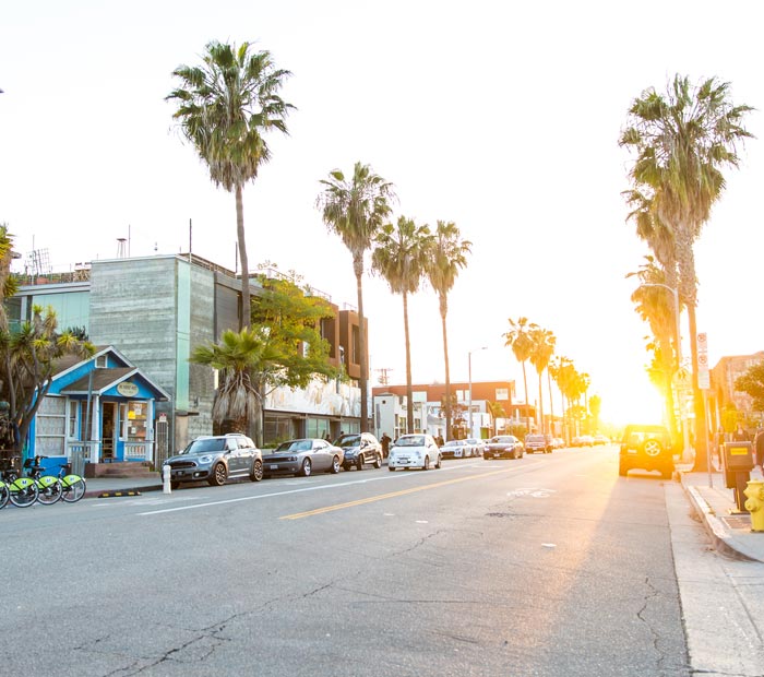 Abbott and Kinney Streets in Venice, CA at Sunset