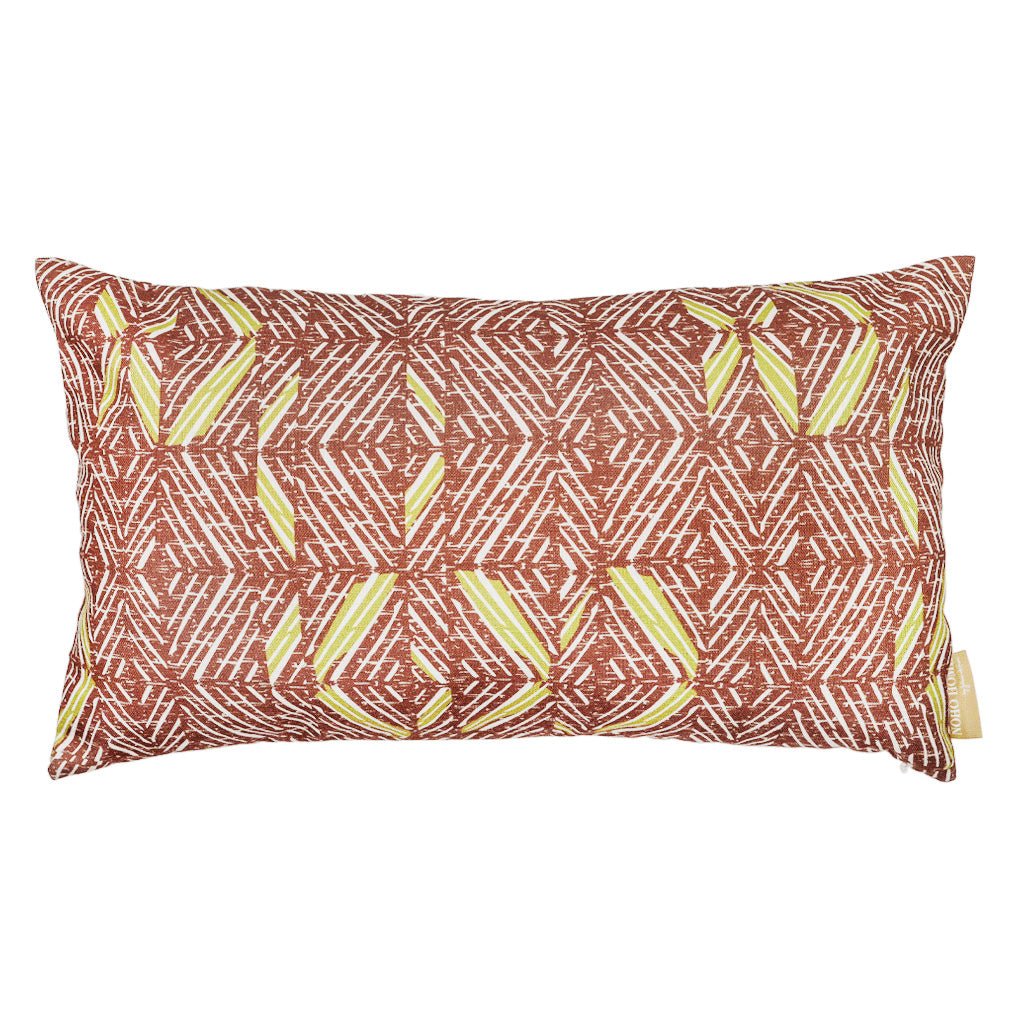 'Akahi Lumbar Pillowcase in Chartreuse & Cocoa against a white background.