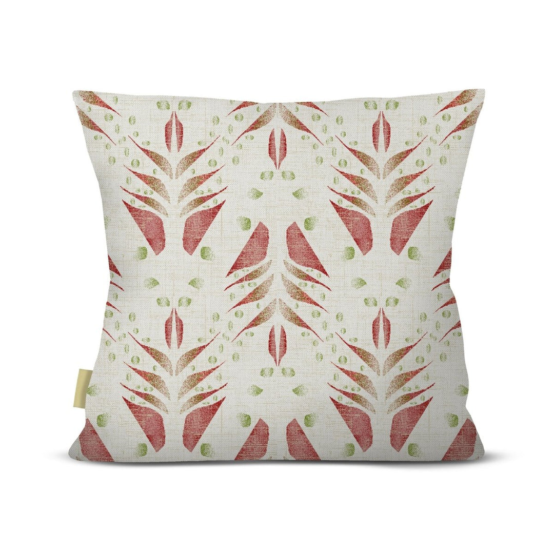 Red ʻAwapuhi Square Pillowcase on a white background, stylized red ginger blossoms and green dots on a soft cream ground