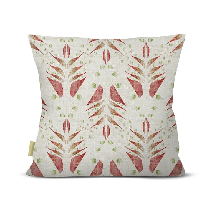 ʻAwapuhi Square Pillowcase in Red, mirrored red ginger blossoms with green accents on a soft cream ground, on a white background