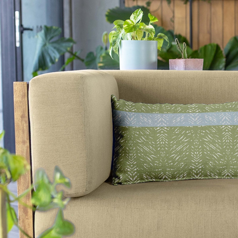 Aloe & Aquamarine Batik Lumbar Pillowcase Set On a Beige Modern Sofa