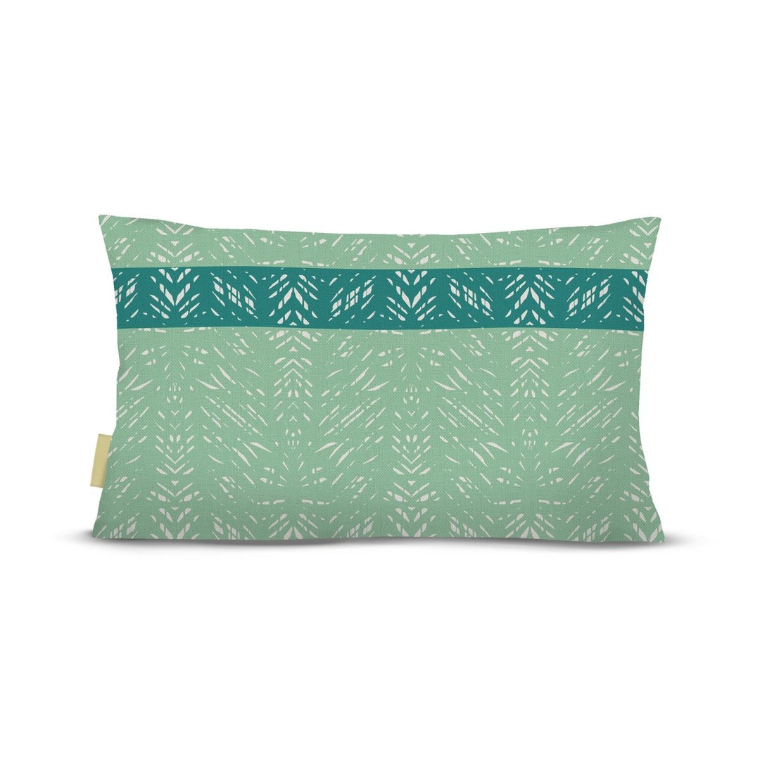 back view of Batik lumbar pillow in sage and ocean on white background