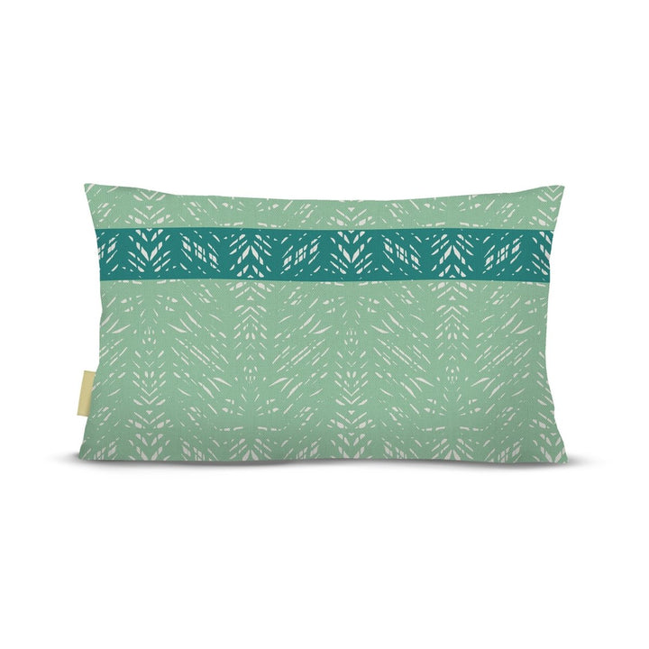 back view of Batik lumbar pillow in sage and ocean on white background