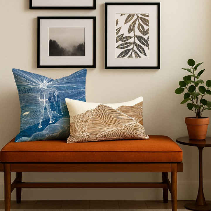 Decorative pillows on an orange bench with framed artwork on the wall.