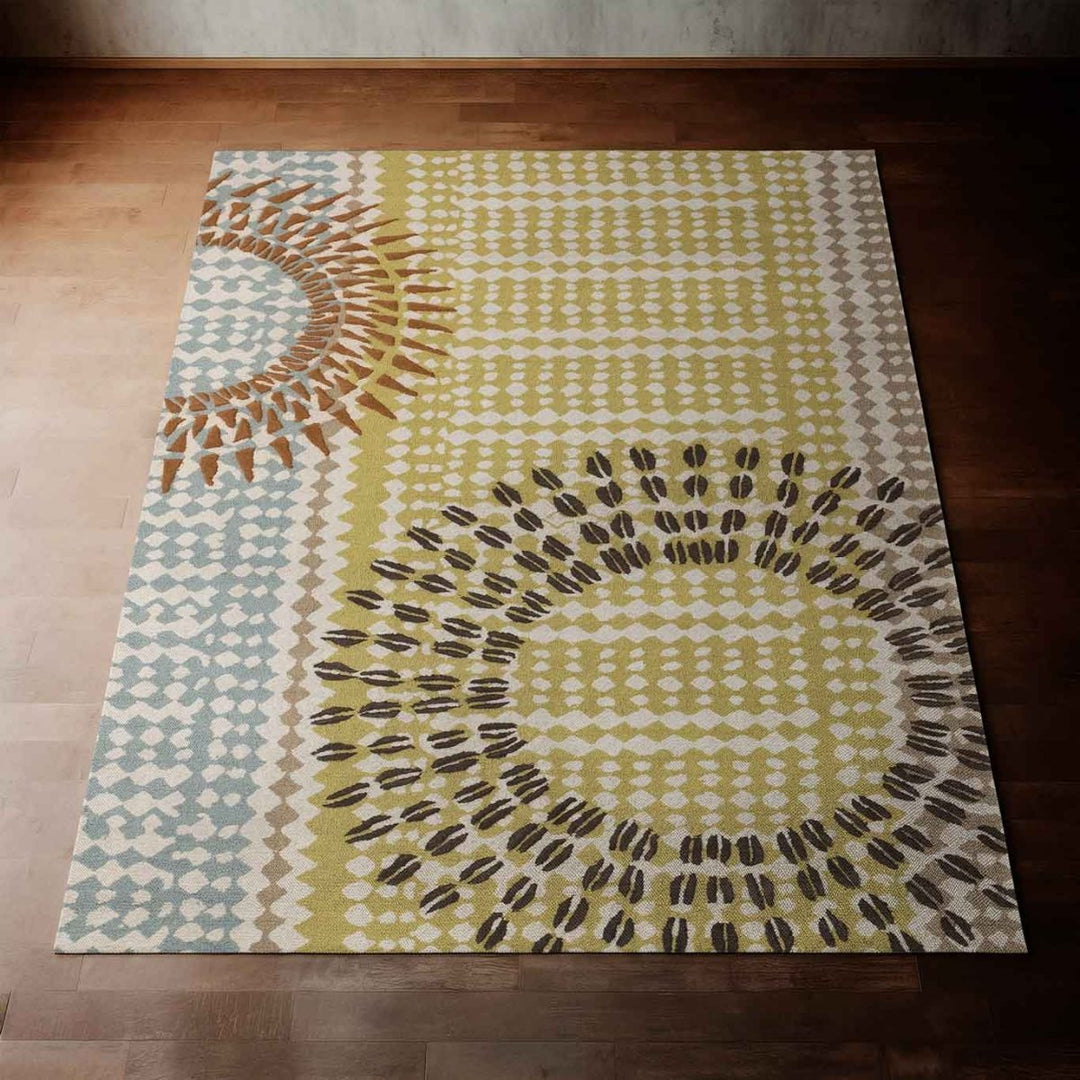 Multicolor Hālāwai Area Rug Laying on a Hardwood Floor