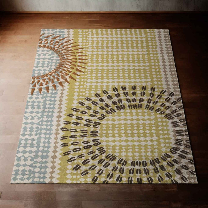 Multicolor Hālāwai Area Rug Laying on a Hardwood Floor