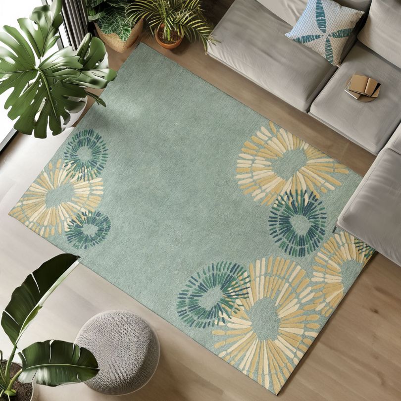 overhead view of opihi rug in modern living room