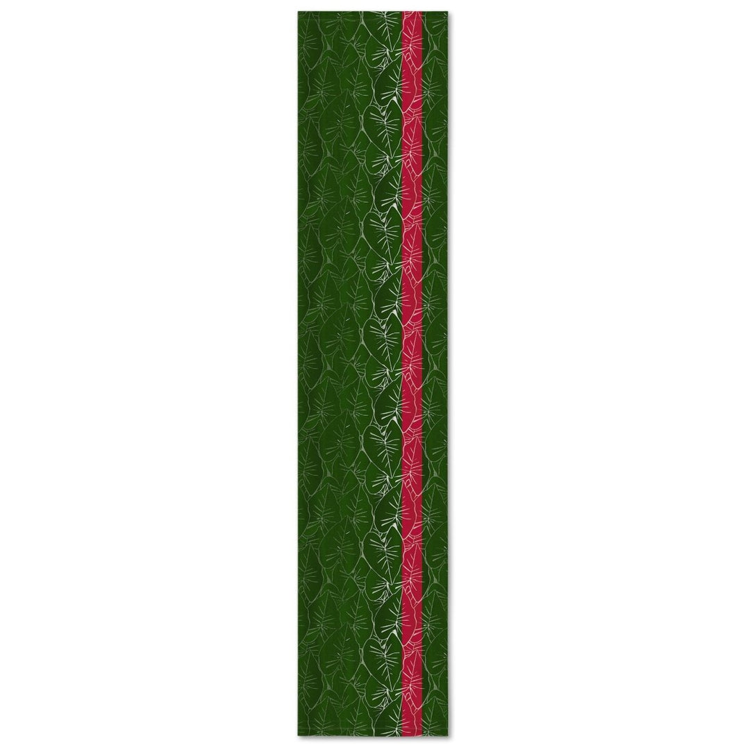 Green Stain Proof Table Runner with a red ribbon  featuring Kalo Leaf design pattern.