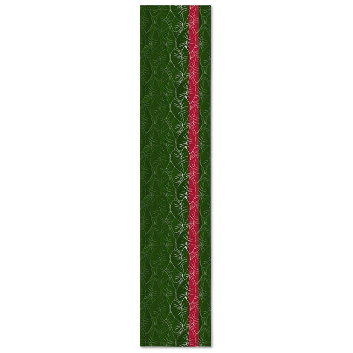 Green Stain Proof Table Runner with a red ribbon  featuring Kalo Leaf design pattern.