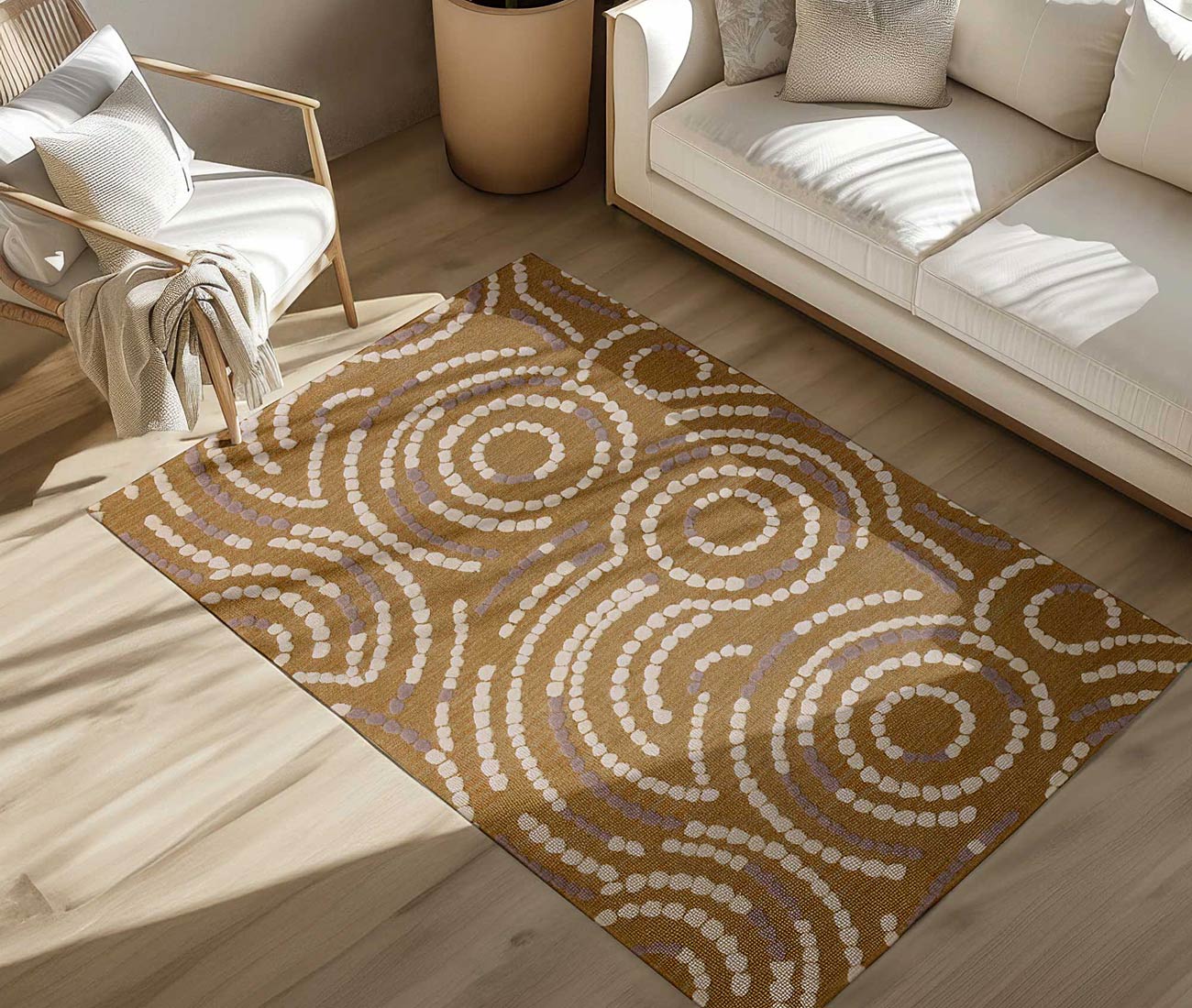 Gorgeous Brown Crown Flower Hawaiian Design Coastal Rug In a Large Family Room on a Hardwood Floor