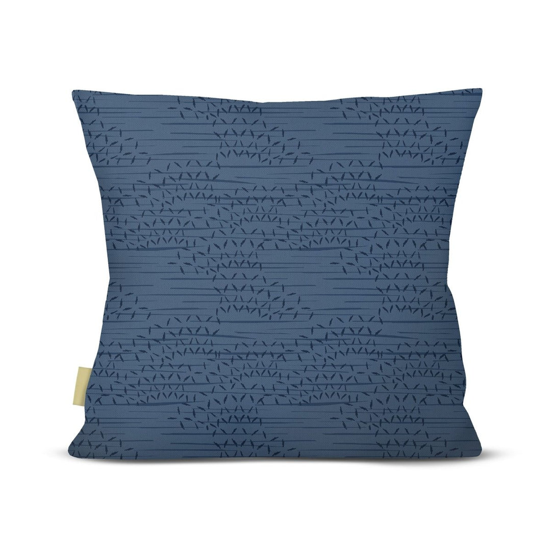 back view of Kaha square pillow in blue on white background