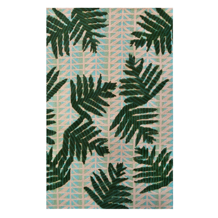 Kapa Lauae Area Rug Green on Aqua and Cream Hawaiian Print Full Frontal View On a White Background