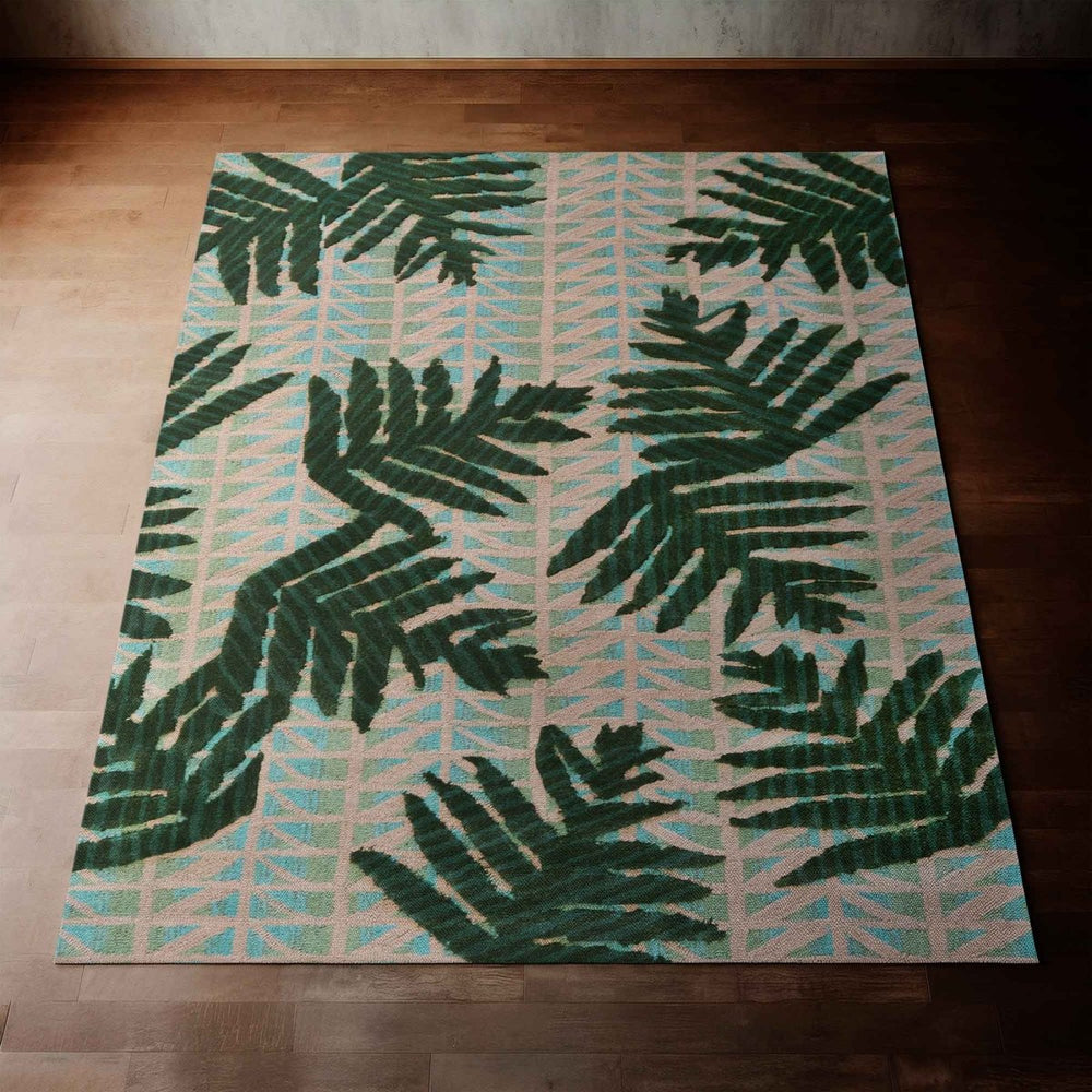 Kapa Lauae Area Rug Green Leaf Print with Aqua and Cream Hawaiian Pattern on wood floor in room