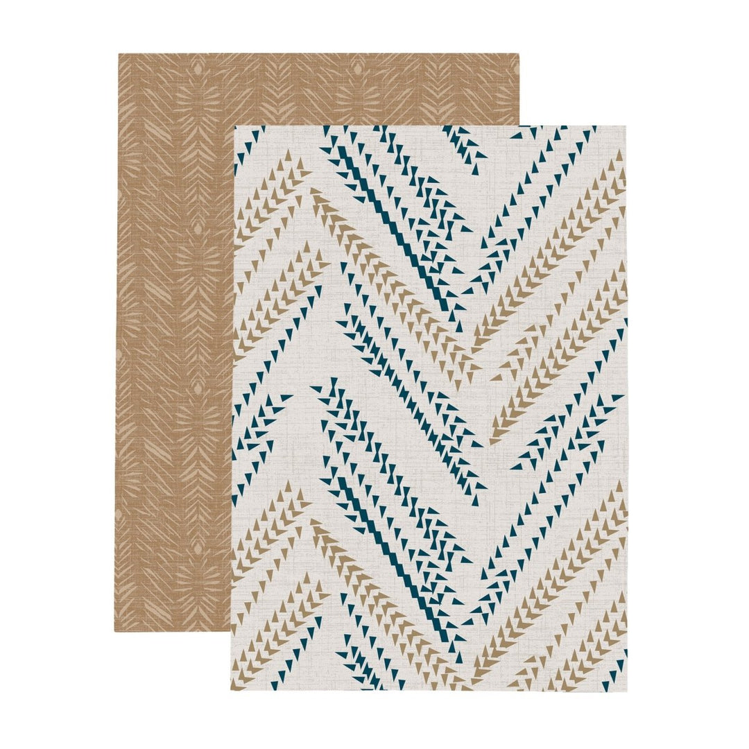 Kapala and Hulu Hawaiian tea towel set in teal and tan, with stamped geometric and feather-lei patterns