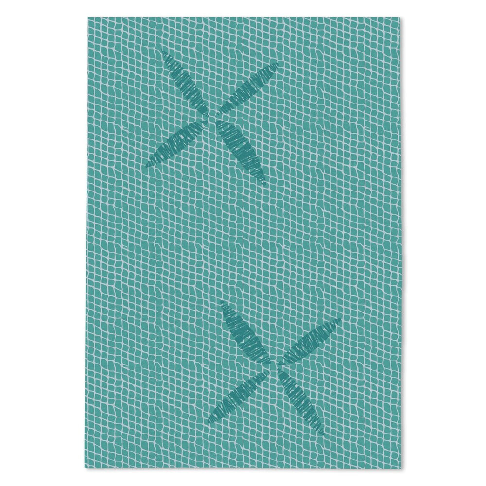 Teal textured tea towel with a pattern of a fishing net on a white background