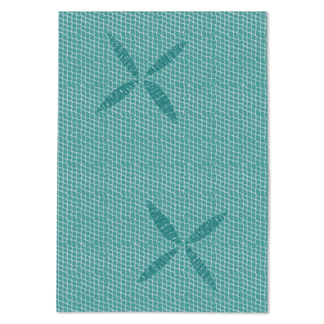 Teal textured tea towel with a pattern of a fishing net on a white background