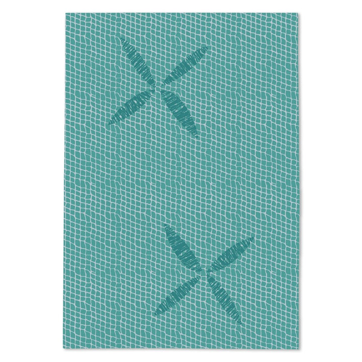 Teal textured tea towel with a pattern of a fishing net on a white background