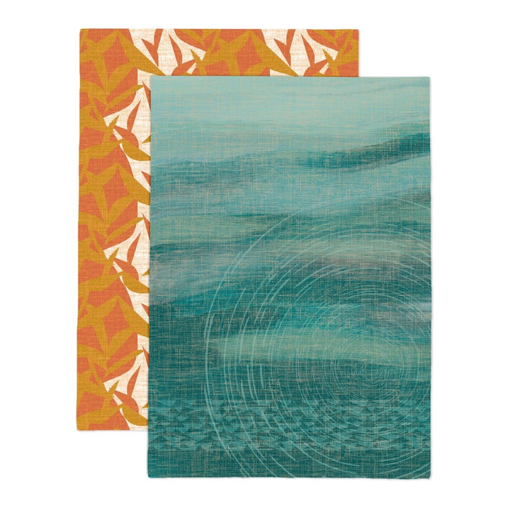 Kilo Hōkū Tea Towels Showing Both Orange and Blue On a White Background