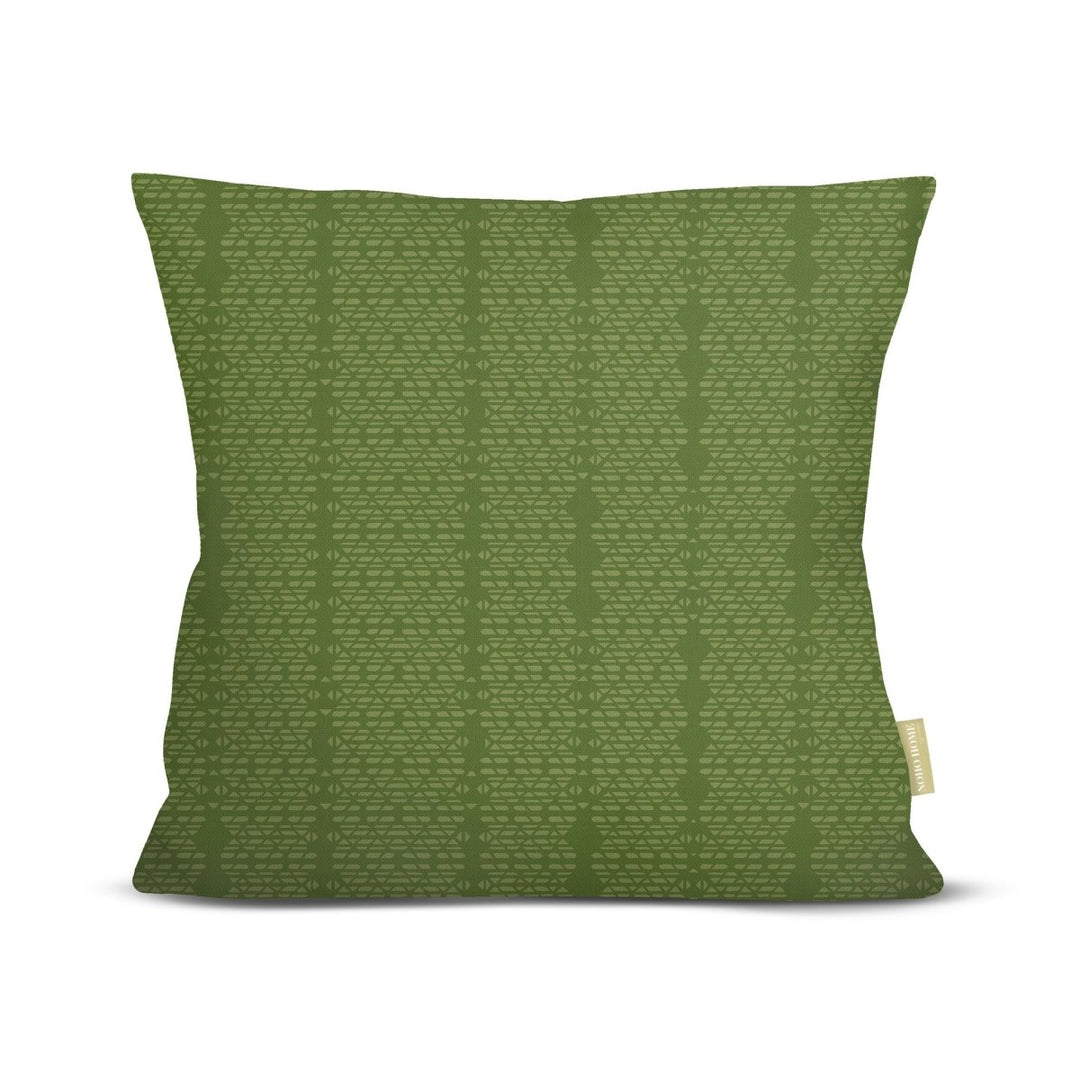 Front of the Green Kua Square Pillowcase, tonal geometric pattern on a green ground, on a white background