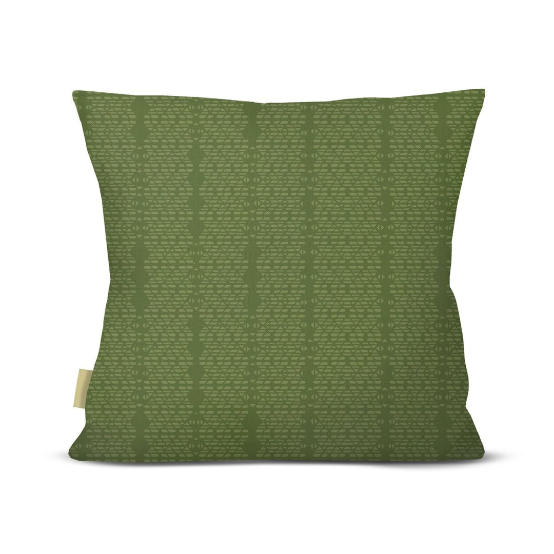 Back of the Green Kua Square Pillowcase, tonal geometric pattern on a green ground, on a white background