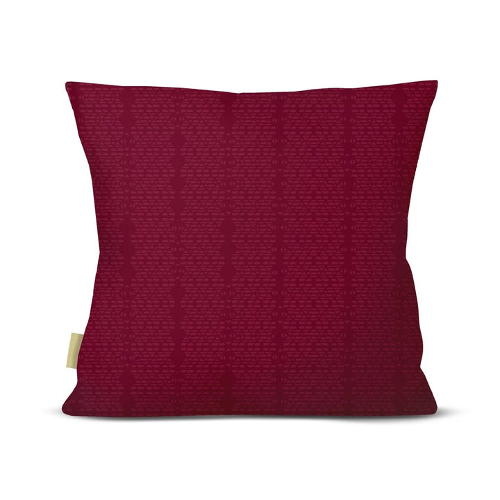 Back of the Red Kua Square Pillowcase, tonal geometric pattern on a deep red ground, on a white background