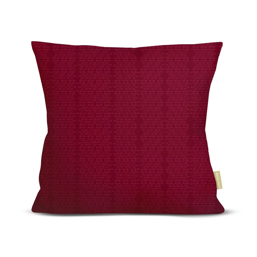 Front of the Red Kua Square Pillowcase, tonal geometric pattern on a deep red ground, on a white background