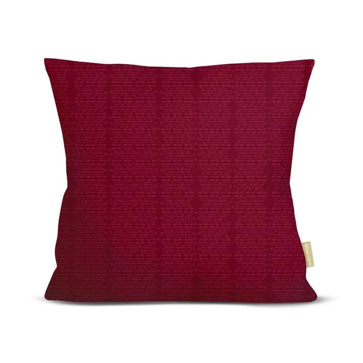 Front of the Red Kua Square Pillowcase, tonal geometric pattern on a deep red ground, on a white background
