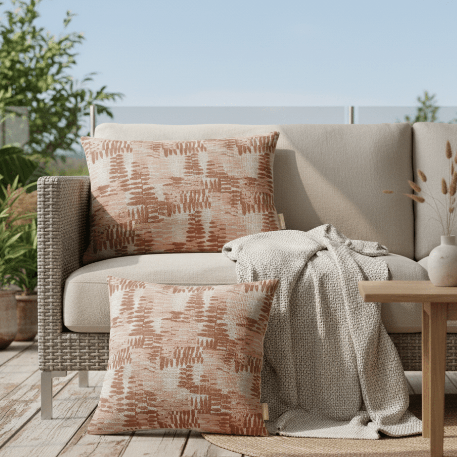 Outdoor sofa with patterned cushions and a blanket on a wooden deck.
