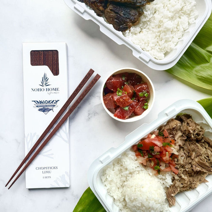 package of Tanioka's redwood limu chopsticks placed next to poke and food