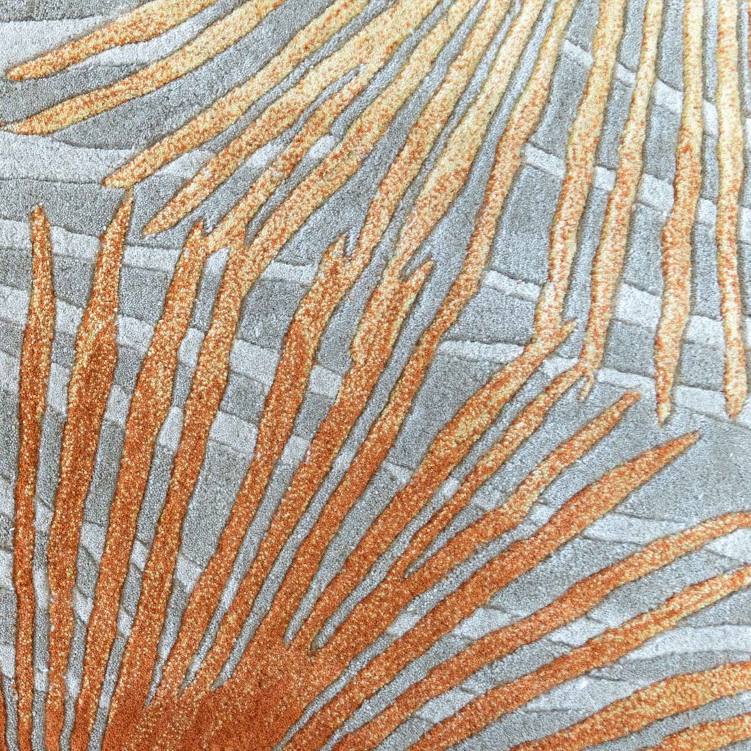 Close up Loulu Area Rug Orange Yellow and Grey Color with Hawaiian Print