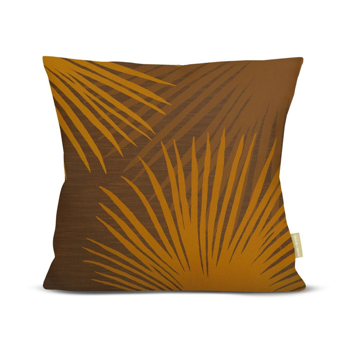 Front of the Brown Loulu Palm Square Pillowcase, amber fan-palm fronds on a chocolate ground, on a white background