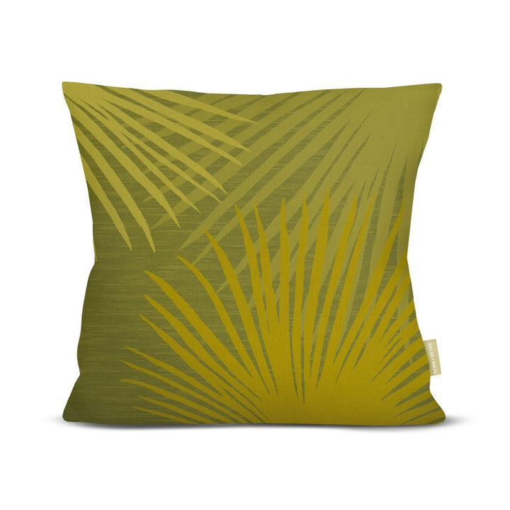 Front of the Green Loulu Palm Square Pillowcase, chartreuse fan-palm fronds on an olive ground, on a white background