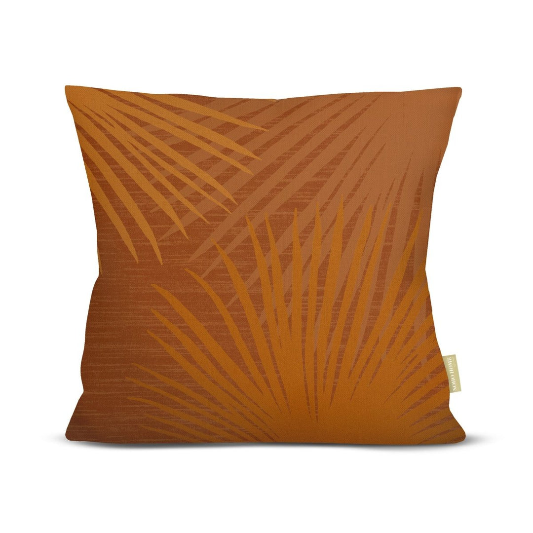 Front of the Pumpkin Loulu Palm Square Pillowcase, tonal orange fan-palm fronds on a rust ground, on a white background