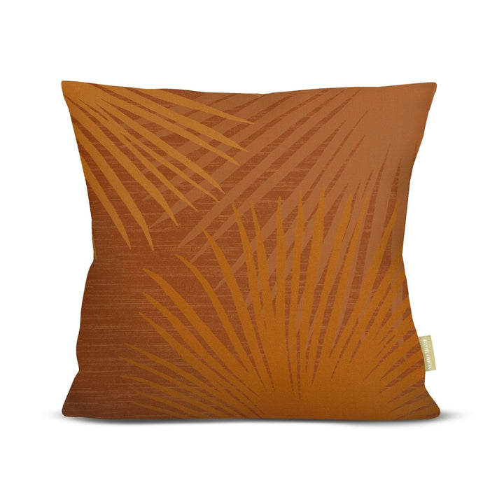 Front of the Pumpkin Loulu Palm Square Pillowcase, tonal orange fan-palm fronds on a rust ground, on a white background