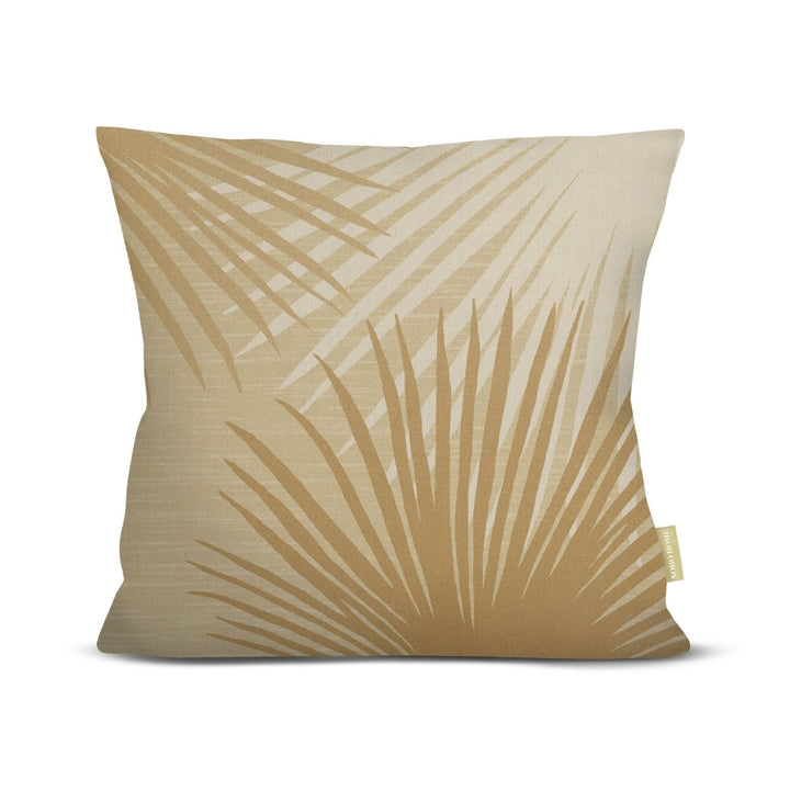 Front of the Natural Loulu Palm Square Pillowcase, golden fan-palm fronds on a cream ground, on a white background