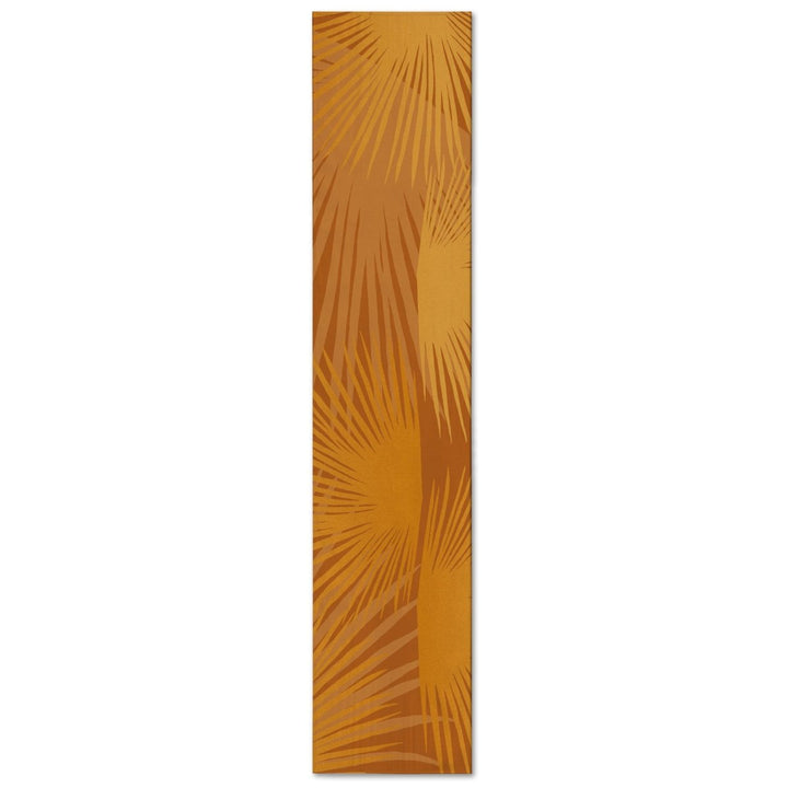 Pumpkin Loulu Palm Table Runner with tonal golden fan-palm fronds, shown full length on a white background