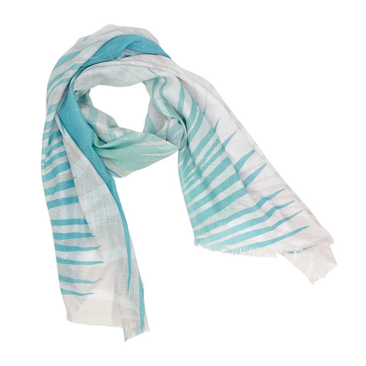 Teal Aqua Light Blue Loulu Hawaiian Print Travel Wrap Twisted Up and Placed In a Circle