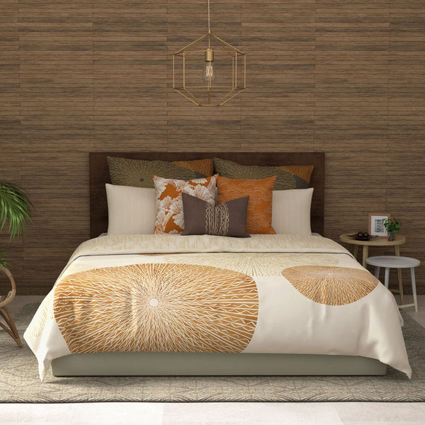 Maluhia Hawaiian Coastal Comforter Shown With Décor Pillows In a Large Bedroom 