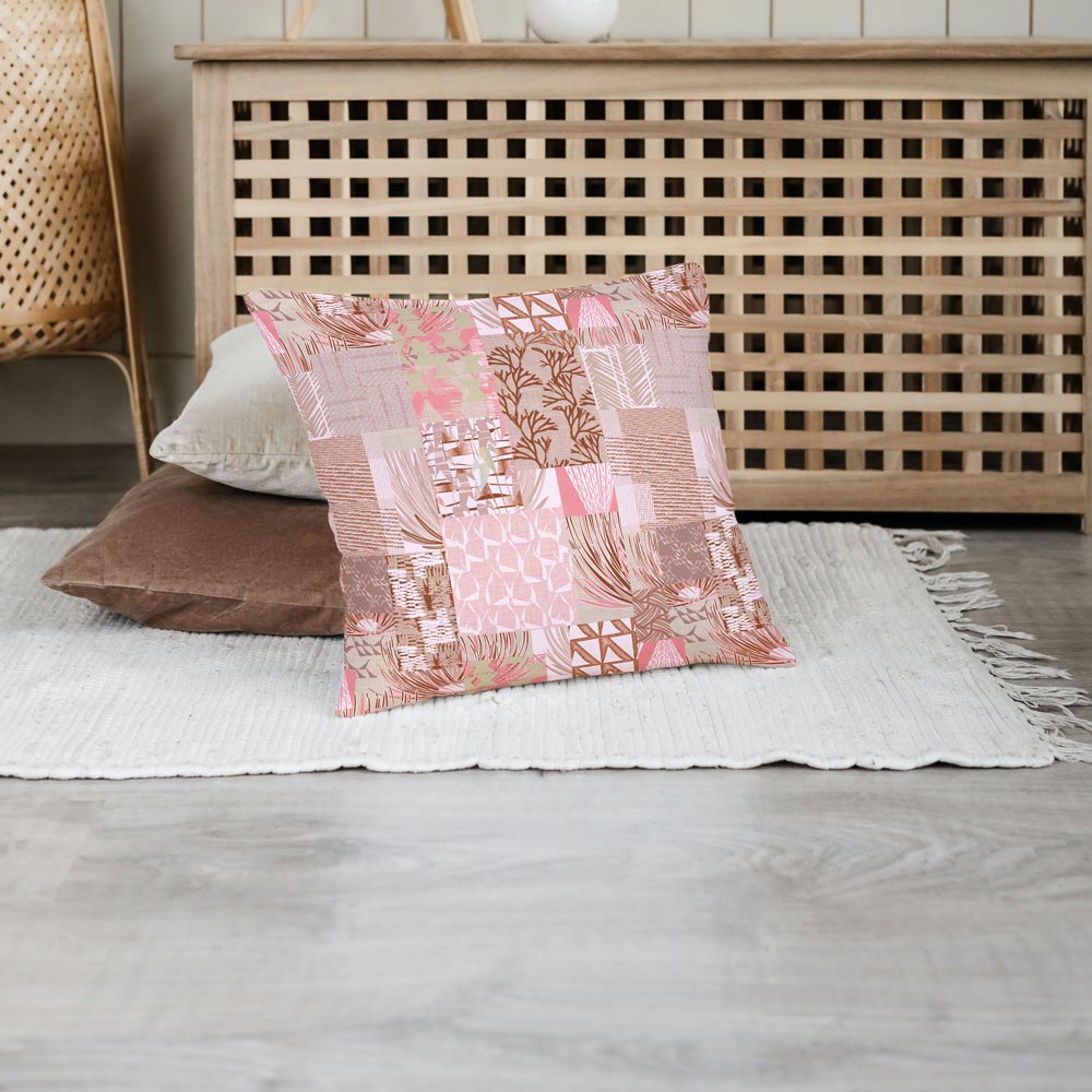 Pink Color Maui Strong Square Pillowcase Set On a Throw Rug With 2 Pillows Behind It