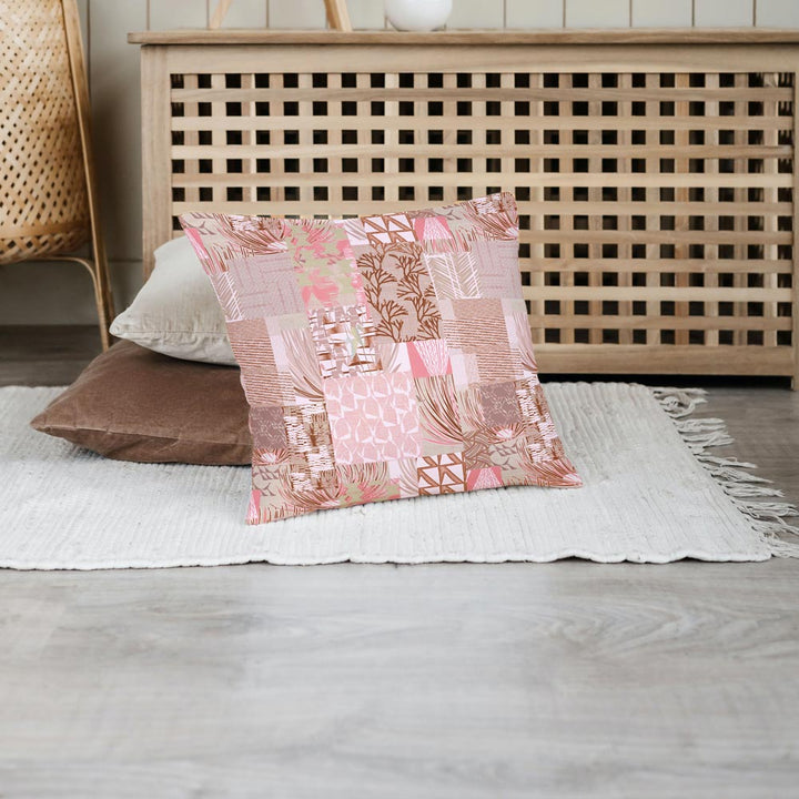 Pink Color Maui Strong Square Pillowcase Set On a Throw Rug With 2 Pillows Behind It