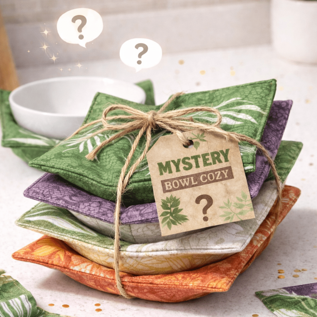 Colorful bowl cozies with a 'Mystery Bowl Cozy?' tag on a white surface.