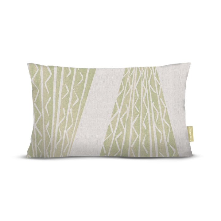 front view of Niho Kila lumbar pillow in sage on white background