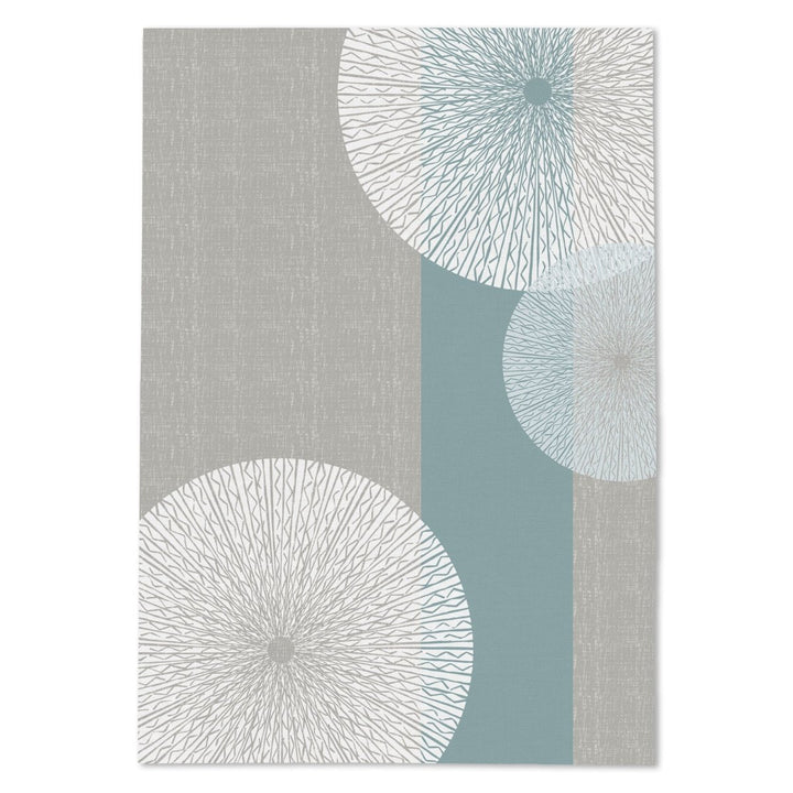 Tea towels with geometric circular design in gray and blue on a white background