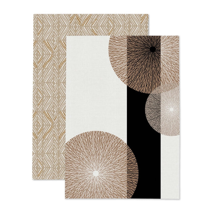 Two abstract patterned tea towels with geometric and circular designs on a white background.