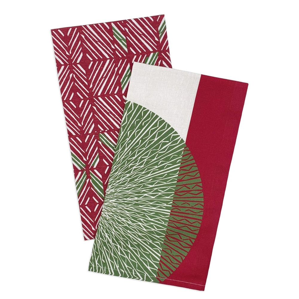 Two red and green patterned towels on a white background